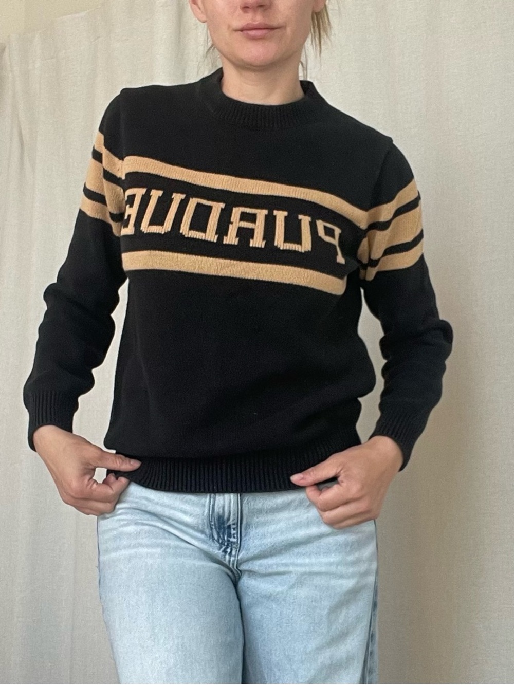 Hillflint Purdue Sz S Striped Black Crewneck Sweater